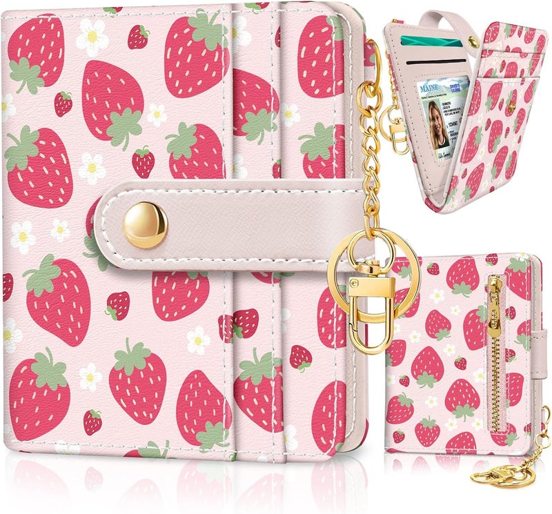 Jogjam Strawberry Rfid Girls Girly Teen Wallet, Small Slim Thin Compact Travel Credit Card Women Wallet, Cute PU Leather Bifold Cash Zipper Coin Pocket ID Window for Female Ladies Gifts - Image 1
